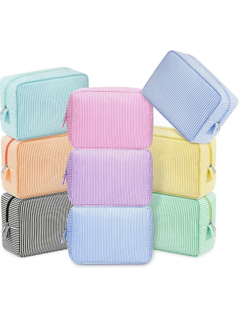9 Pack Striped Seersucker Makeup Bags for Women - Large, Colorful & Stylish